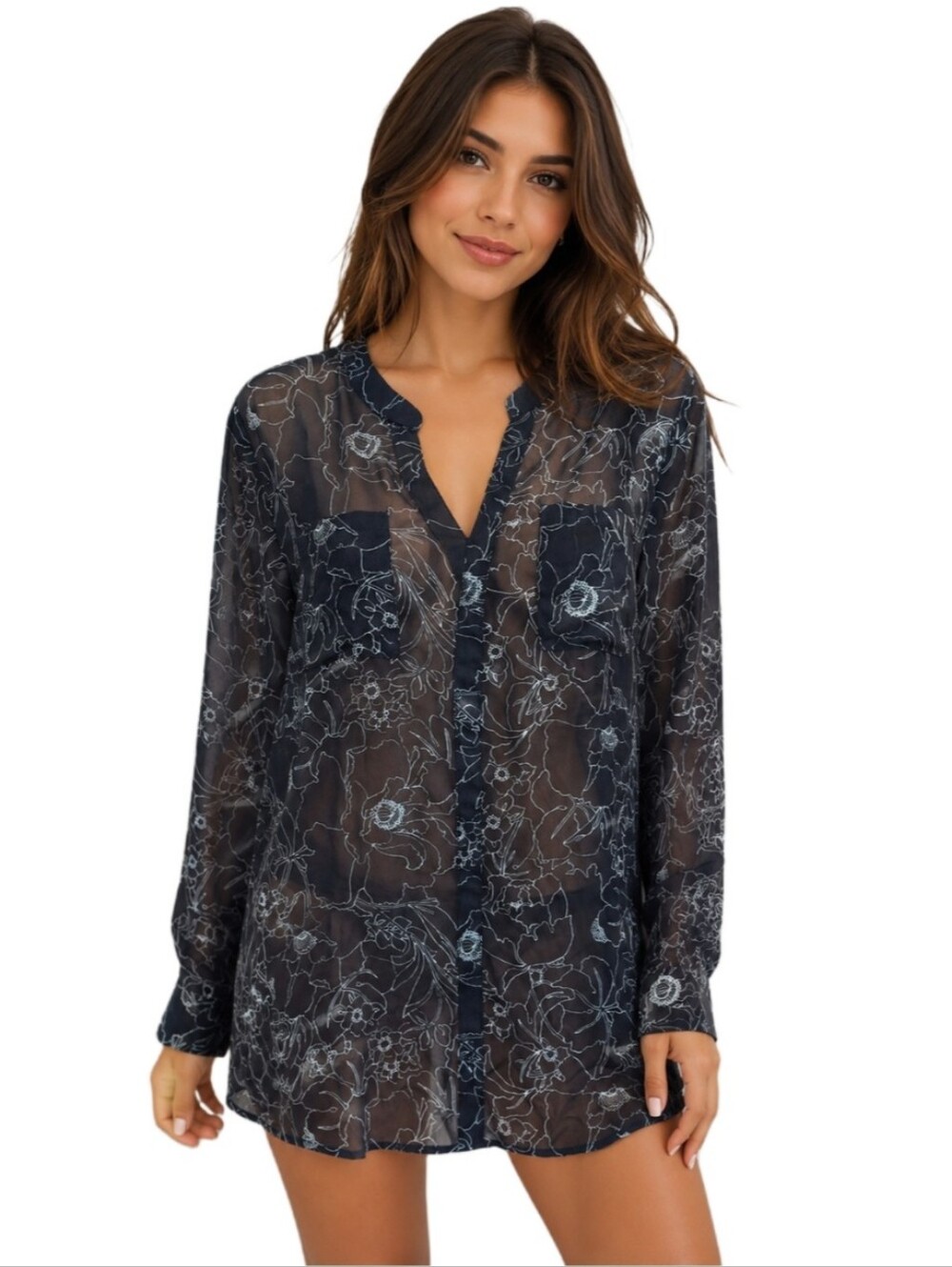 LOFT Ann Taylor Floral Sheer Split-Neck Long Sleeve Blouse - Picture 3 of 9